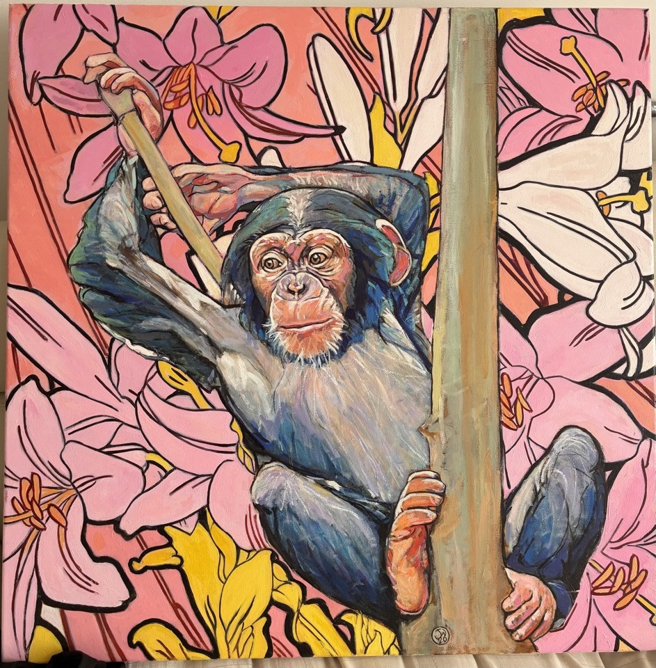 Beaded Curtain Blues, peinture à l'huile de Jonny White représentant un chimpanzé sur fond Art Nouveau