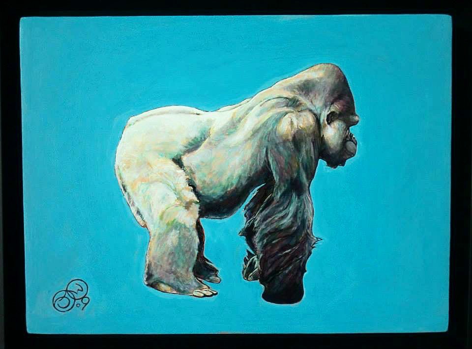 Blue, portrait de primate à l'huile par Jonny White, fond bleu