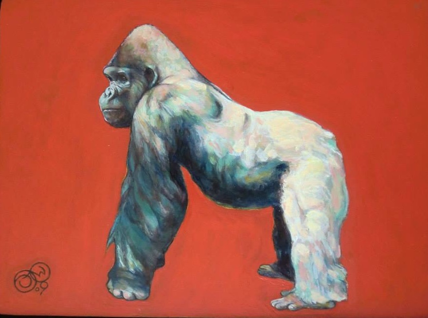 Red, portrait de primate à l'huile par Jonny White, fond rouge