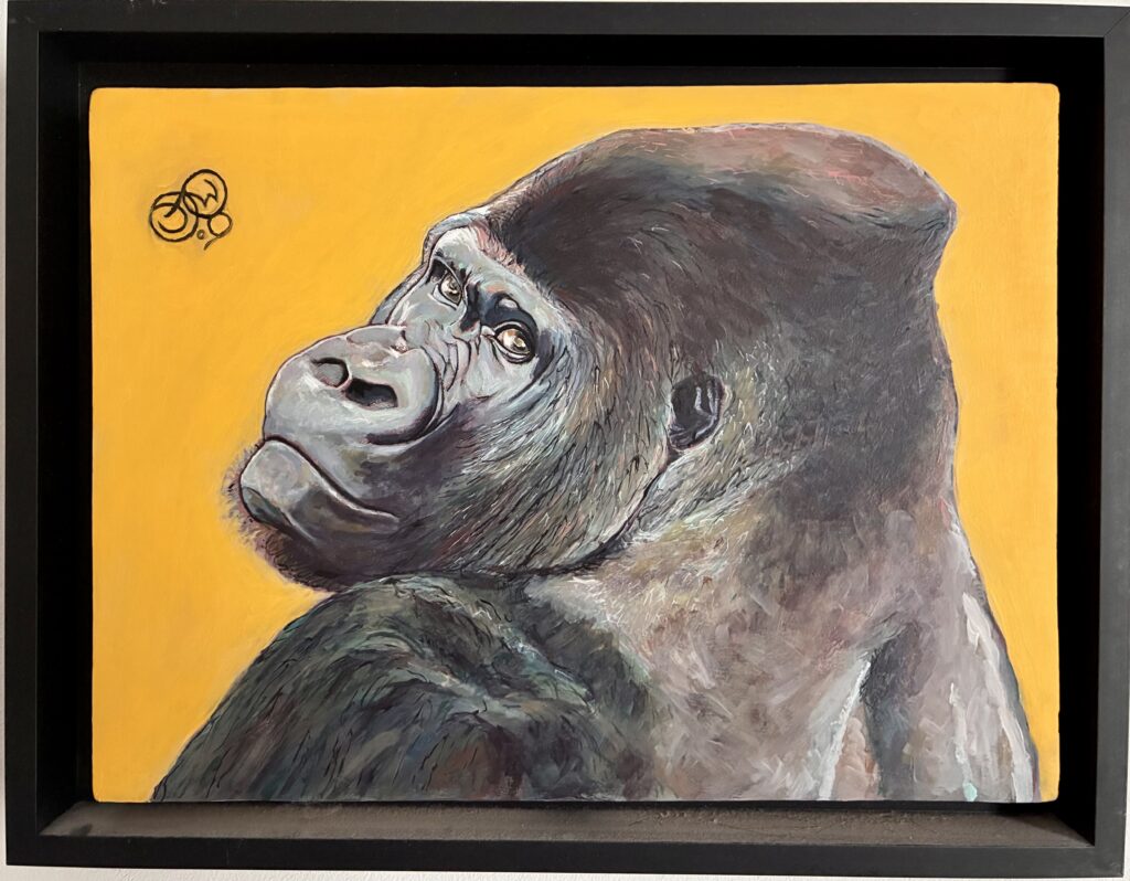 Yellow, portrait de primate à l'huile par Jonny White, fond jaune