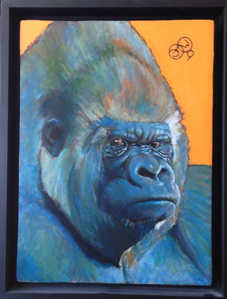 Orange, portrait de primate à l'huile par Jonny White, fond orange