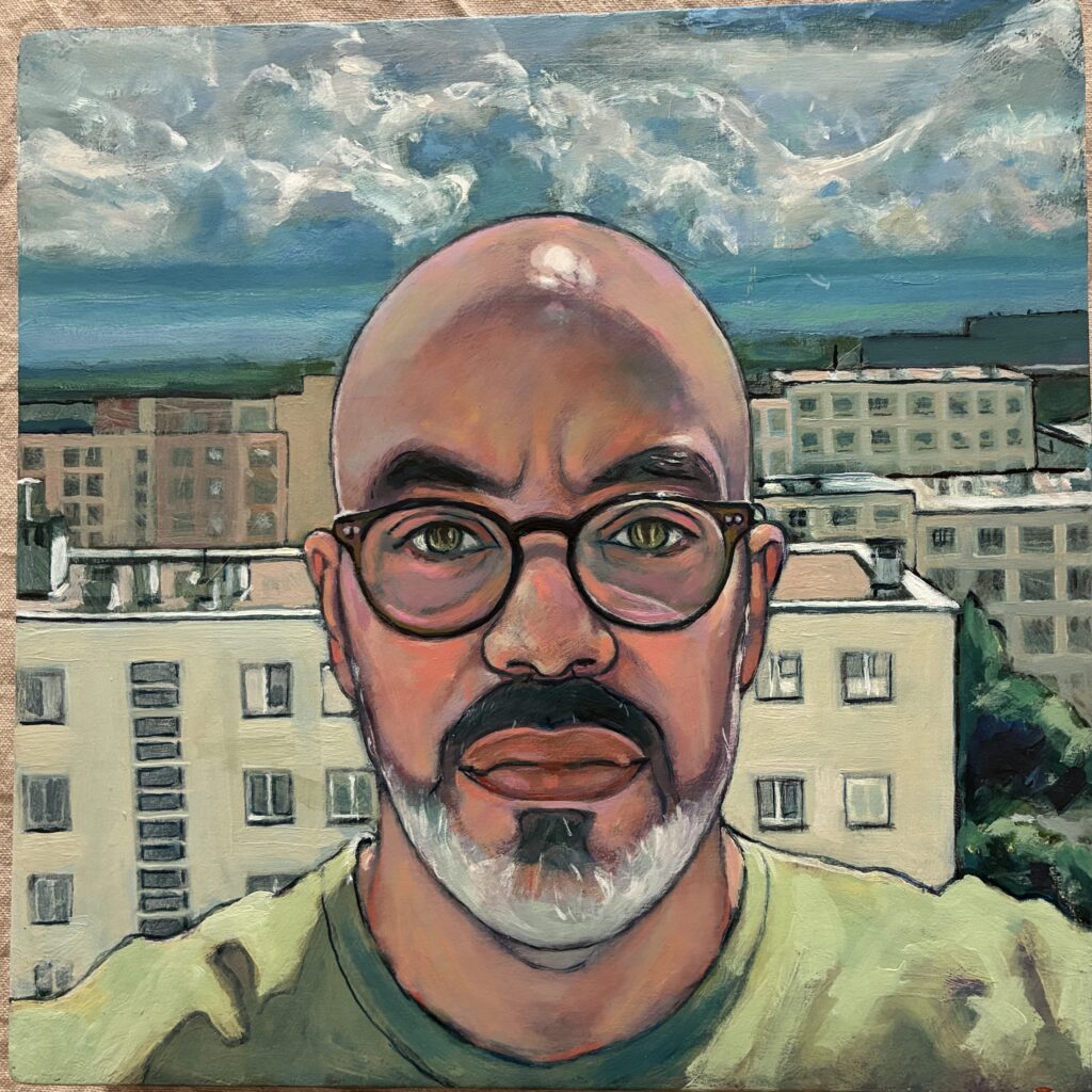 Autoportrait de Jonny White peint sur un portrait de son père David Omar White, confinement 2021