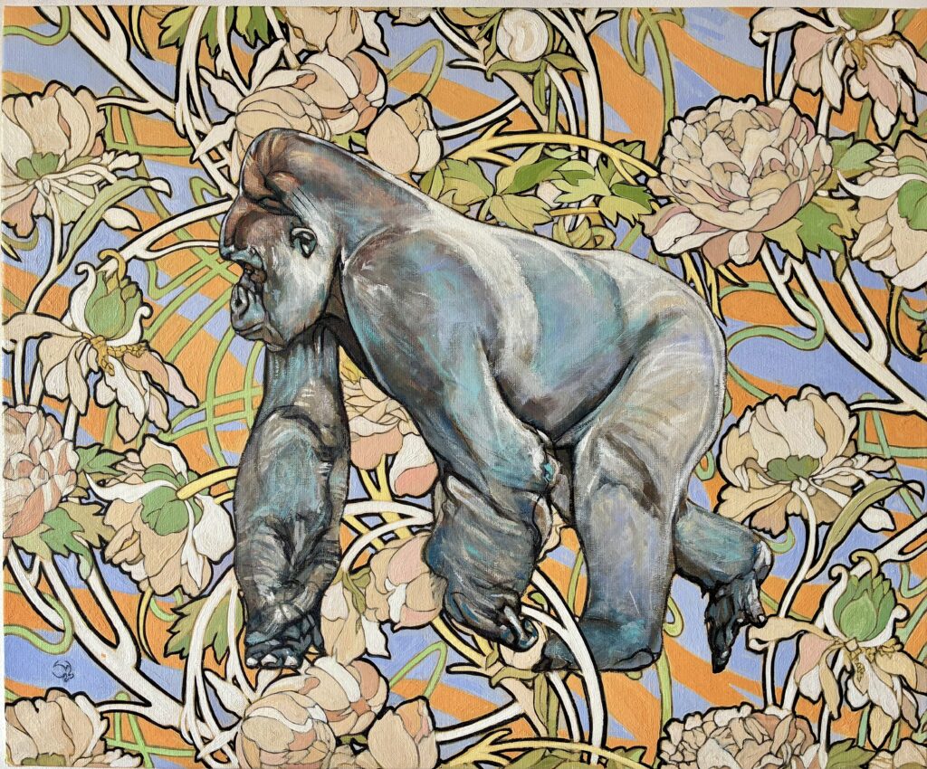 The Meaning of Peonies, huile sur toile de Jonny White, primate et pivoines Art Nouveau