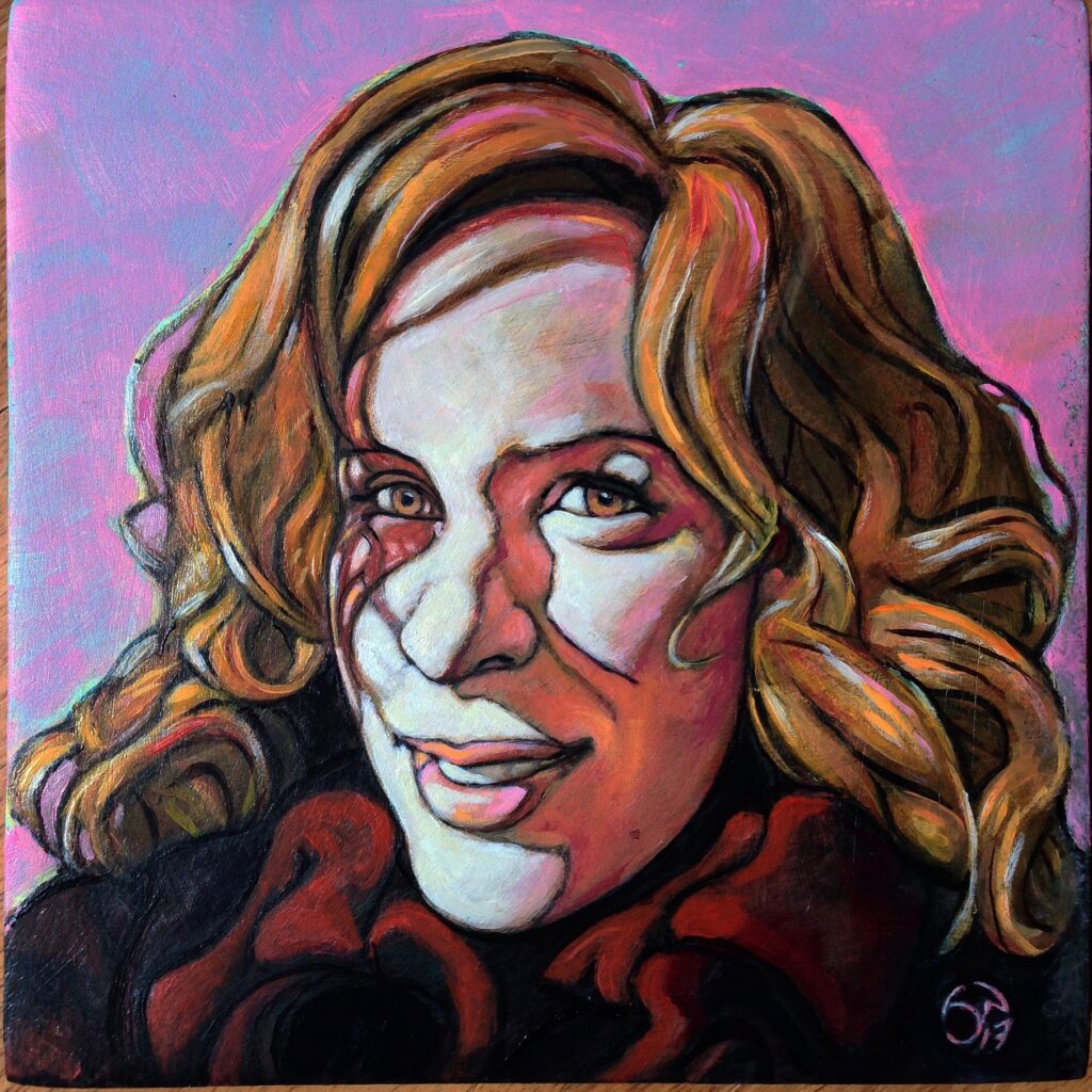 Portrait de la poétesse Elee Kraljii Gardiner par Jonny White, huile sur panneau de bois