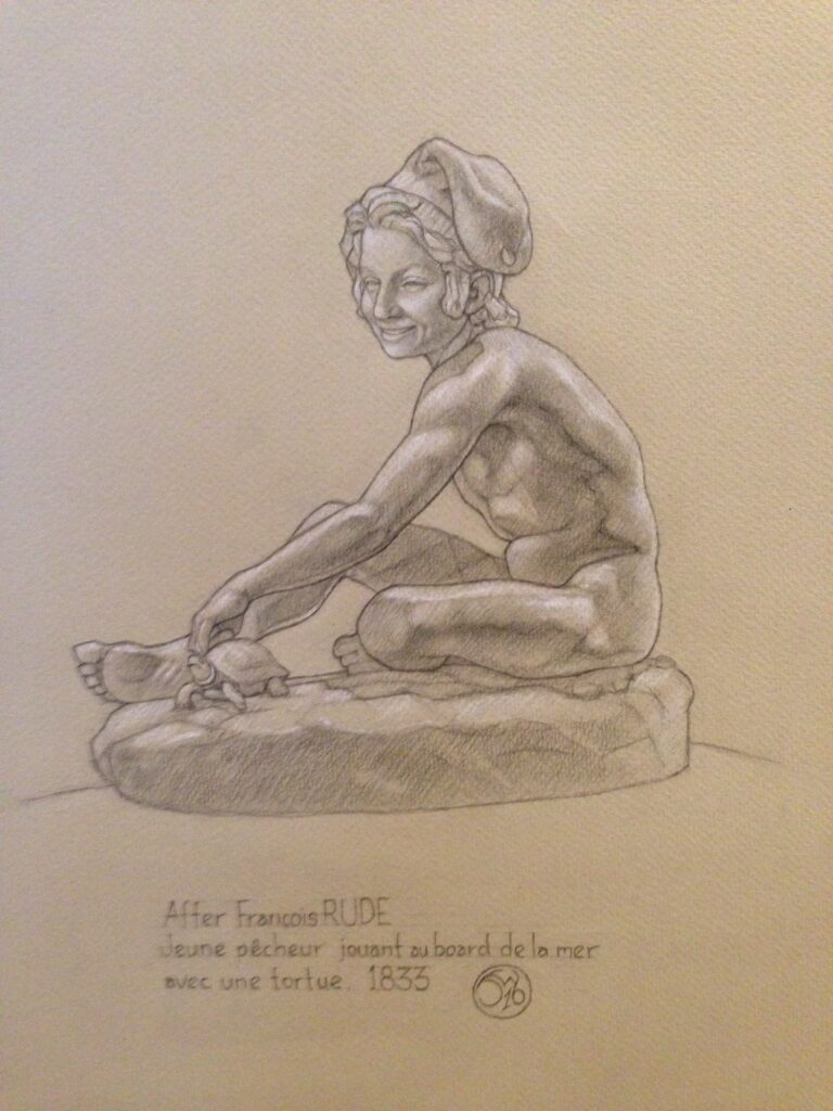 Étude au crayon d'après une sculpture du Louvre, garçon à la tortue, par Jonny White
