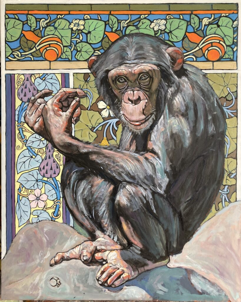 Bloody Minded Perseverance, peinture de Jonny White sur panneau d'aluminium, chimpanzé et vitrail floral