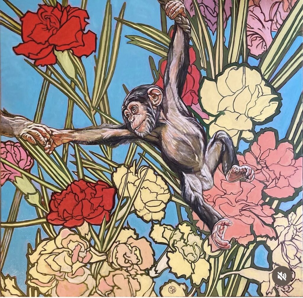 Be Mine, huile sur toile de Jonny White, portrait animalier sur fond ornemental